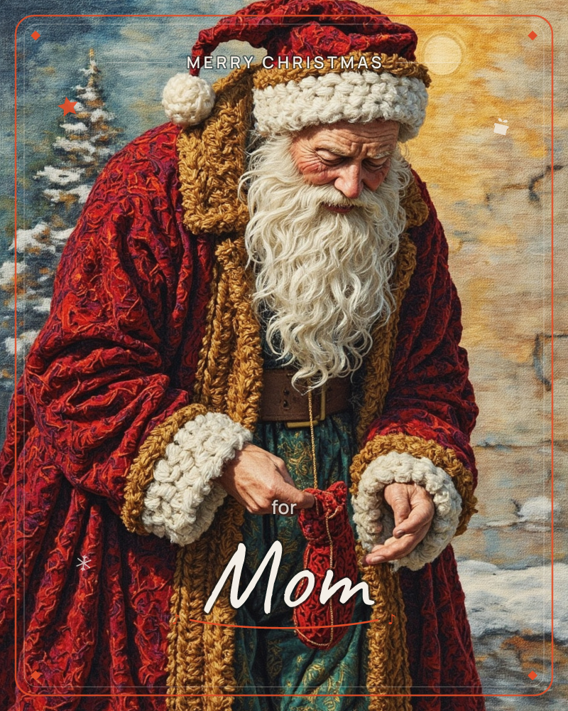 A weathered Santa in a richly patterned red robe with heavy cream-and-gold crocheted trim stands examining a tiny knitted mitten between his fingers, a christmas e-card design