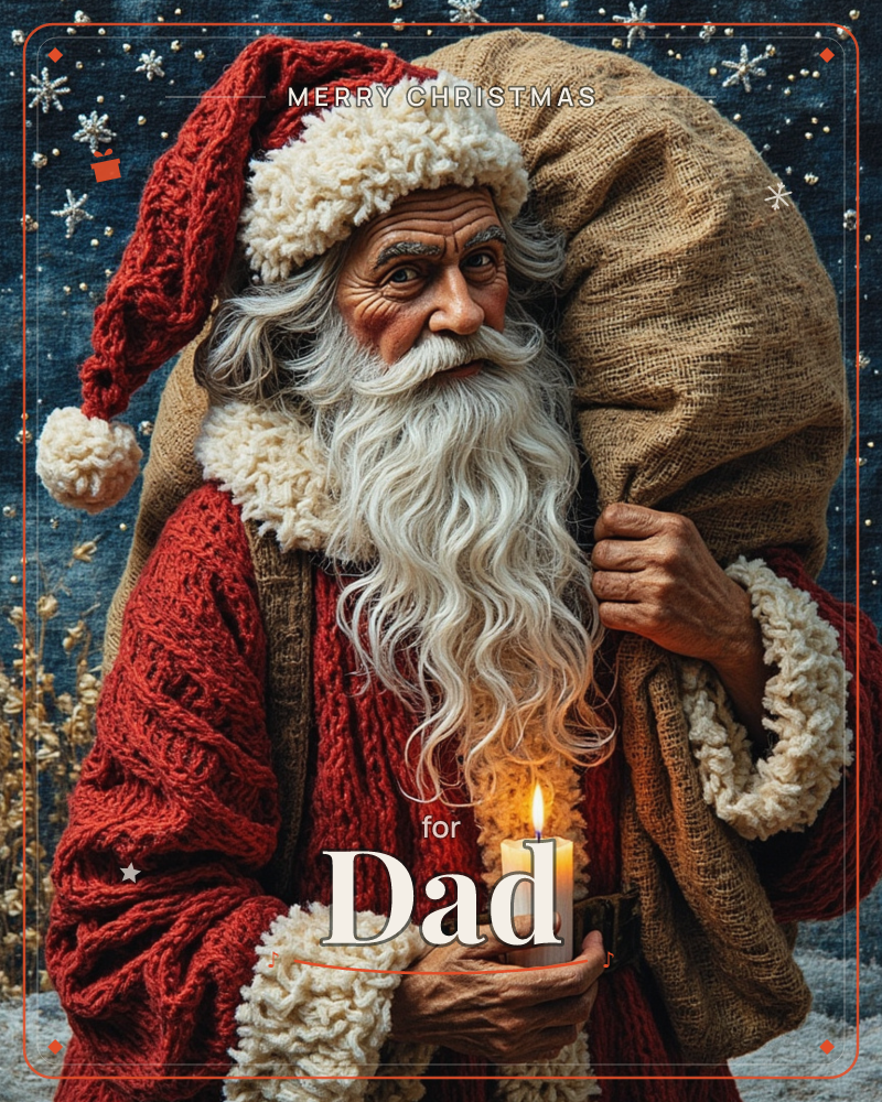 A weathered Santa in a thick red knitted coat and fur-trimmed cap carries a heavy burlap sack over one shoulder while cradling a lit candle in his…, a christmas e-card design