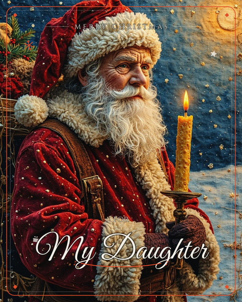 A weathered Santa in a deep red velvet coat and fur-trimmed hat holds a lit candle in a small brass holder, his long white beard catching the warm glow, a christmas e-card design