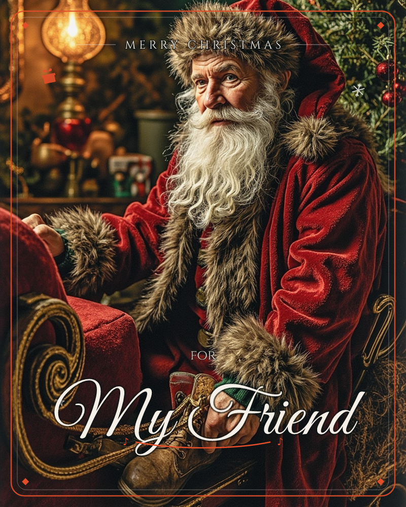Santa Claus sits in a red velvet chair, dressed in a fur-trimmed crimson robe and hat, holding a worn leather boot in one hand, a christmas e-card design