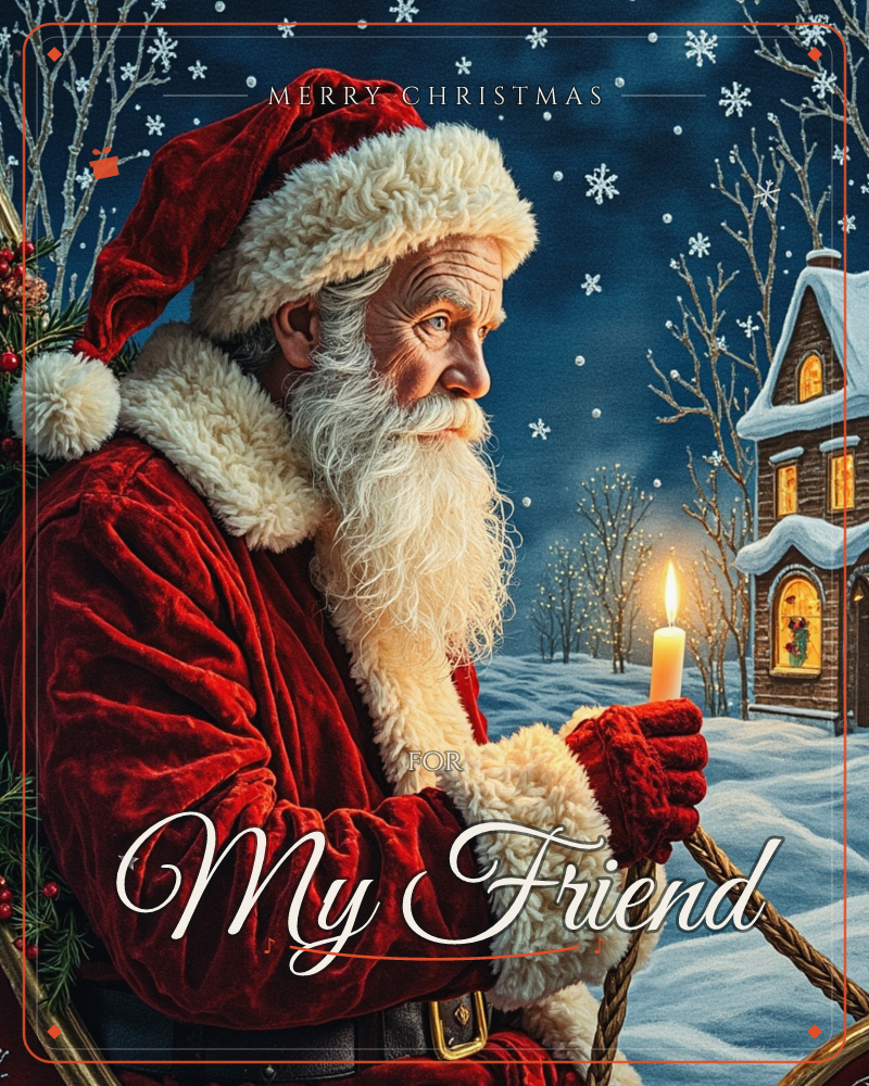 Santa Claus stands in profile against a snowy night sky, his red velvet coat and fur trim glowing warmly as he holds a lit candle and reins, a christmas e-card design