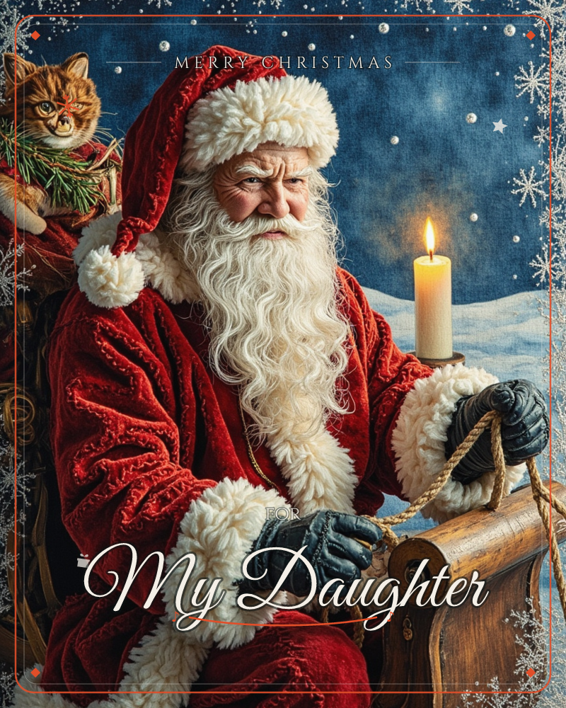A weathered Santa in plush red velvet sits on a wooden sleigh, gripping a knotted rope with dark leather gloves, a lit candle glowing beside him, a christmas e-card design