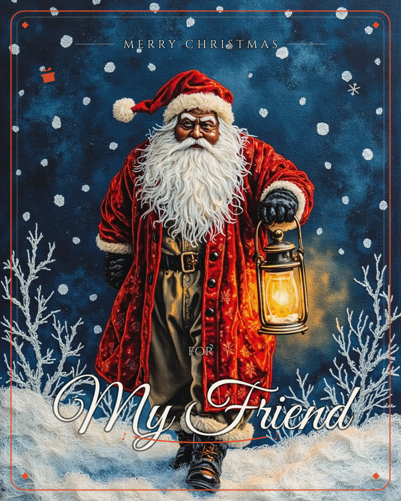 Santa Claus walks through a snowy night, holding a glowing lantern that casts warm light against his deep red velvet coat and long white beard, a christmas e-card design