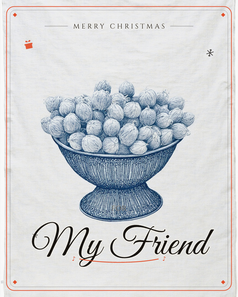 A fine engraved-style illustration shows a footed pedestal bowl heaped with round nuts or berries, rendered entirely in indigo linework on a plain…, a christmas e-card design