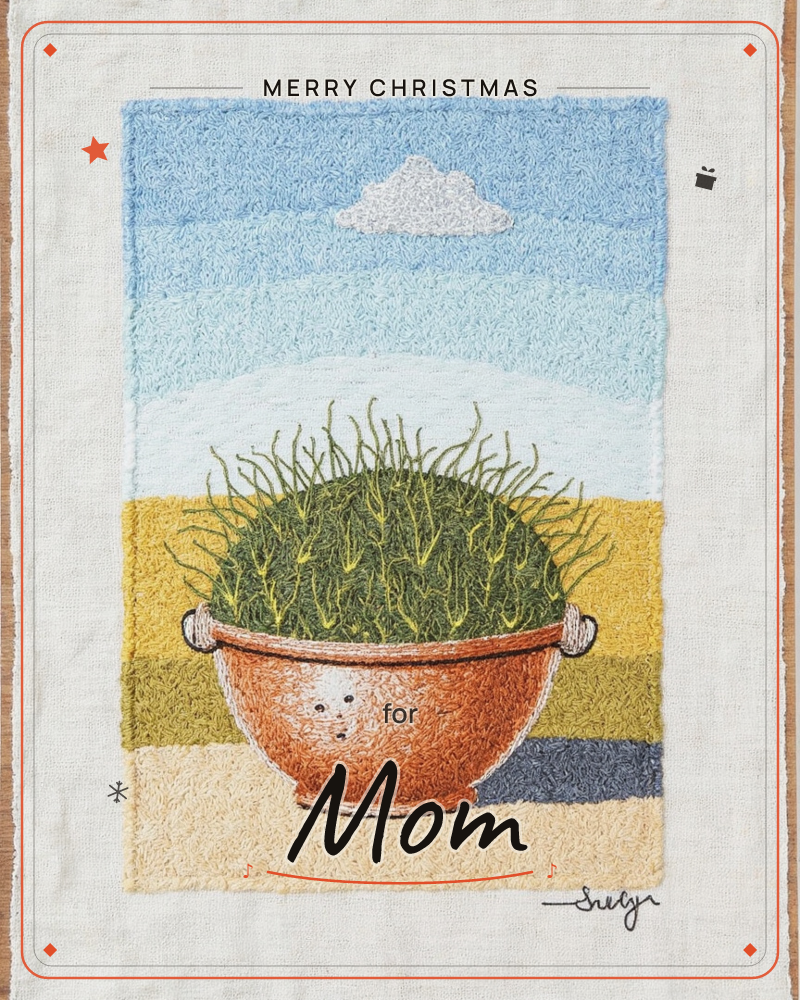 An embroidered-style illustration on linen shows a terracotta colander overflowing with wispy green sprigs, set against banded fields of mustard and…, a christmas e-card design