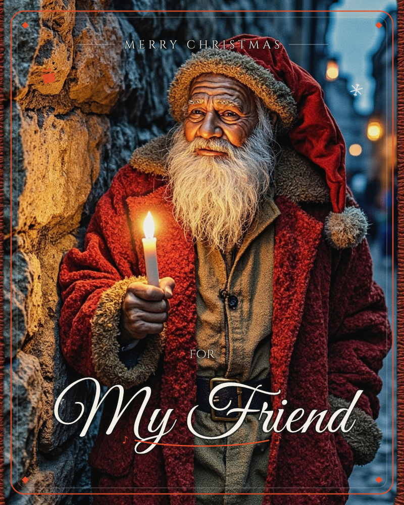 A weathered old man dressed as Santa stands against a stone wall in a dusky cobbled street, holding a single lit candle close to his chest, a christmas e-card design