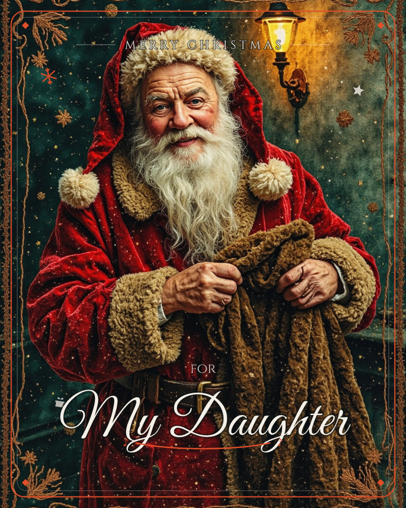 A richly detailed portrait of Santa Claus in a deep red velvet coat trimmed with golden fur, standing before a dark green wall lit by a glowing wall…, a christmas e-card design