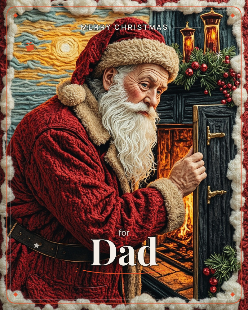 Santa Claus stands in profile beside a glowing stone fireplace, his weathered hand resting on an ornate black door as firelight flickers within, a christmas e-card design