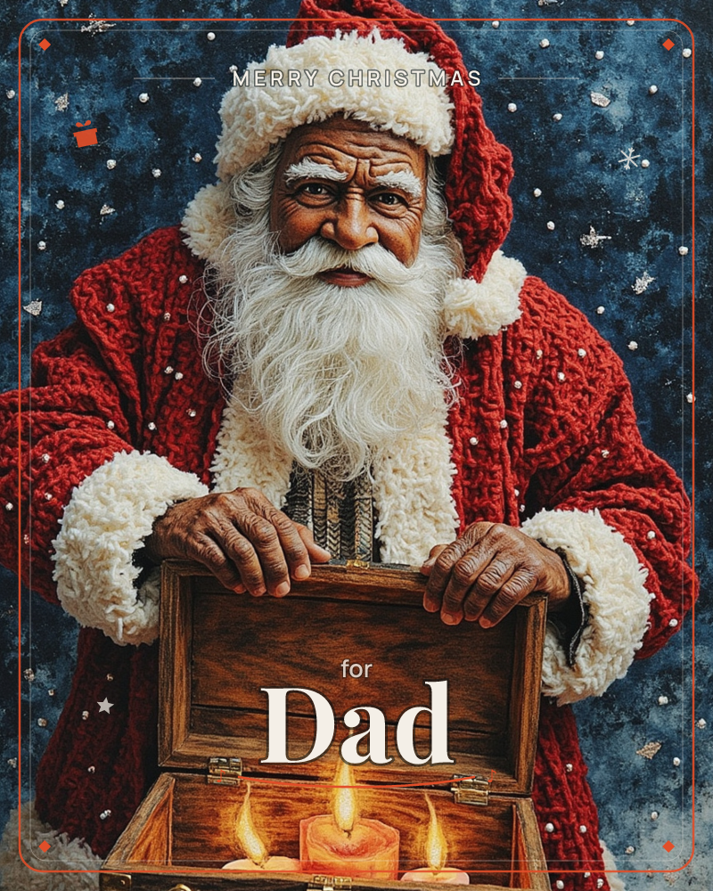 Santa Claus stands against a deep midnight-blue sky flecked with falling snow, his weathered face lit warmly from below as he opens an old wooden box…, a christmas e-card design