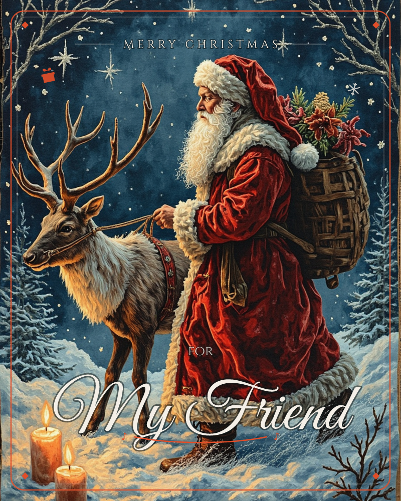Santa Claus walks through a snowy forest at night, leading a great antlered reindeer by its harness while a woven basket of pine and holly rests on his…, a christmas e-card design