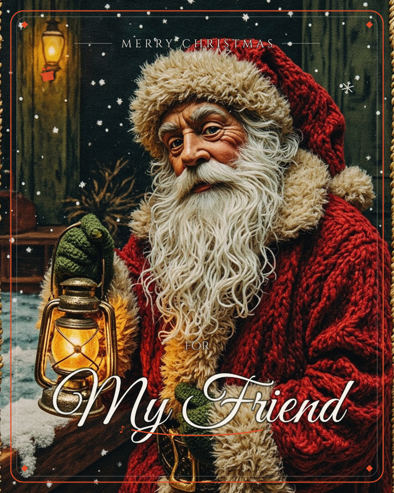 A close-up portrait of Santa Claus in a fur-trimmed red coat and cap, holding a glowing brass lantern against a snowy night backdrop, a christmas e-card design
