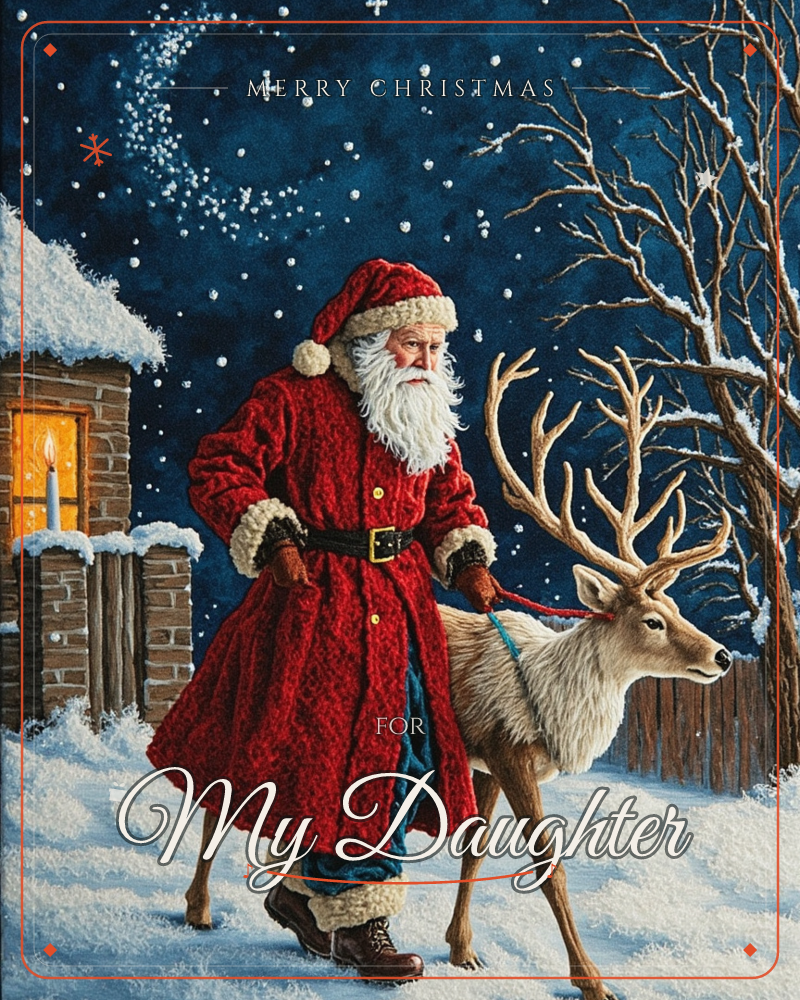 Santa Claus walks through deep snow leading a reindeer by a rope, both figures paused beside a snow-capped log cabin with a single candle glowing in…, a christmas e-card design