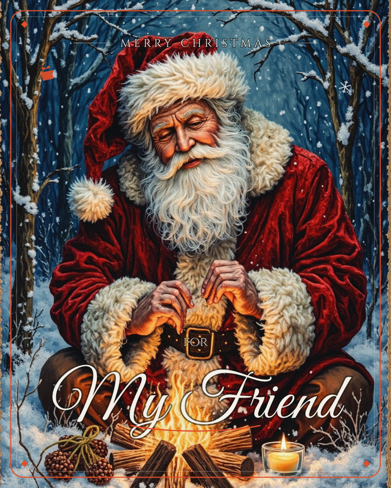 Santa kneels alone in a snowy midnight forest, warming his hands over a small crackling campfire, a christmas e-card design