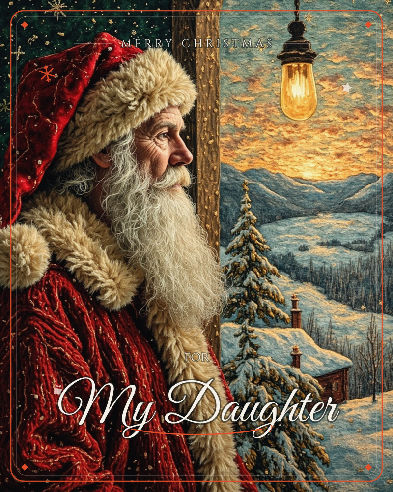 Santa Claus stands in profile at a window frame, his red velvet coat and cream fur trim catching a warm glow, gazing out over a snow-hushed valley, a christmas e-card design