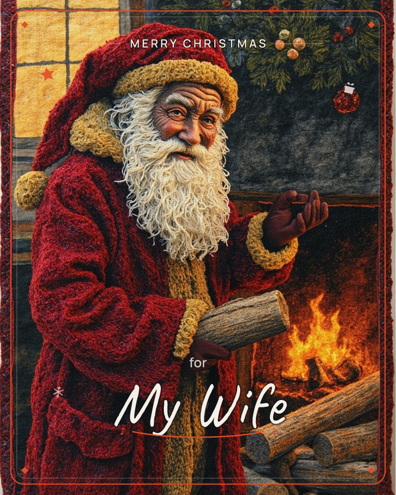 A weathered figure in a heavy red velvet robe and fur-trimmed cap warms his hand by a crackling stone hearth, a log tucked under his other arm ready to…, a christmas e-card design