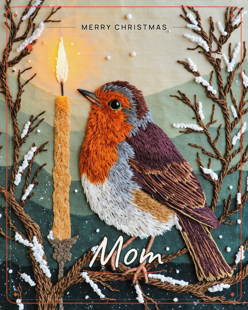 An embroidered robin perches among frost-dusted branches beside a lit candle, its orange breast and mottled brown wings rendered in dense layered…, a christmas e-card design