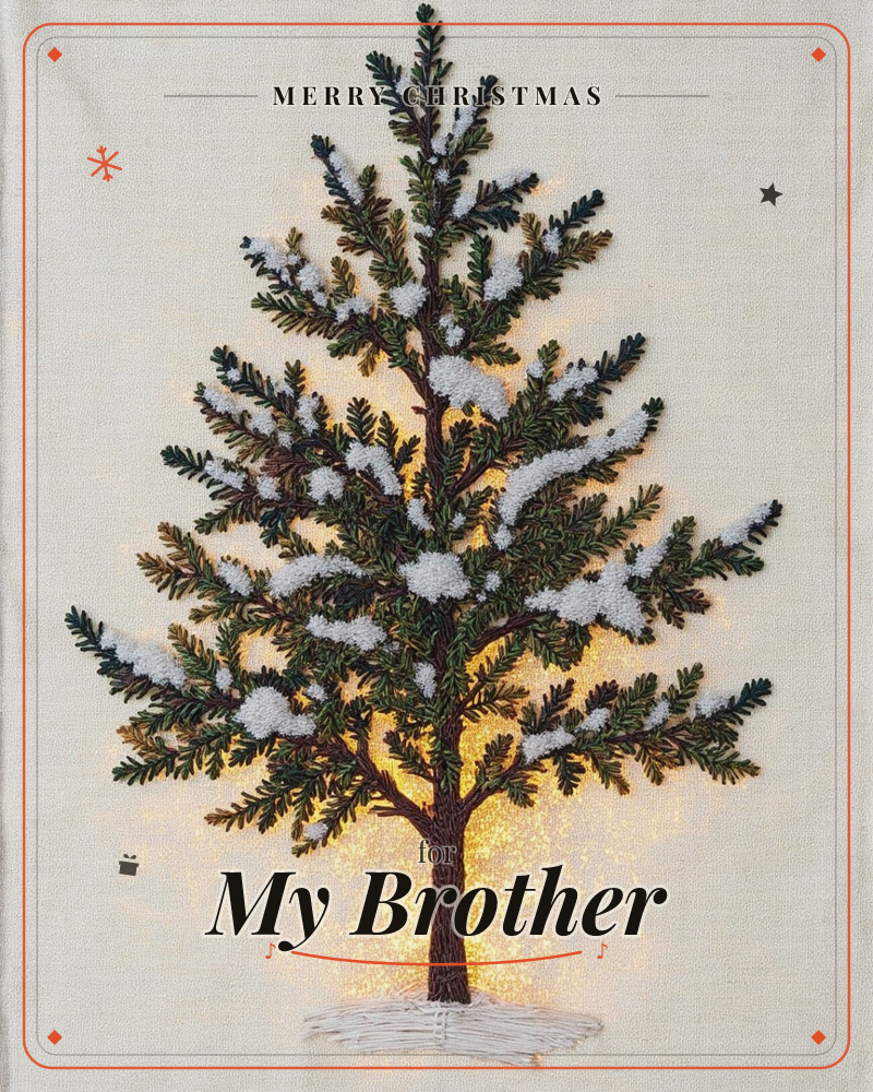 A solitary pine tree is rendered in fine embroidery stitches on natural linen, its dark green needles dusted with tufts of white snow, a christmas e-card design