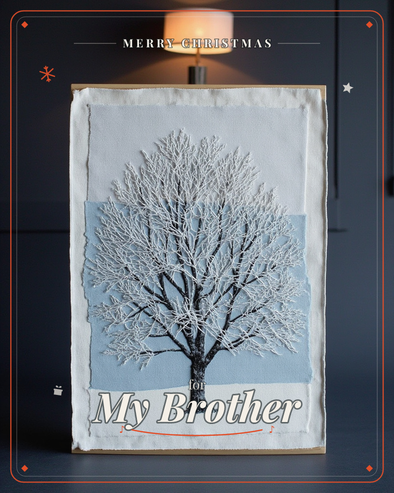 A frost-white tree stands bare against a soft dusty-blue sky, its branches stitched in fine textured thread that catches the light like real frost, a christmas e-card design