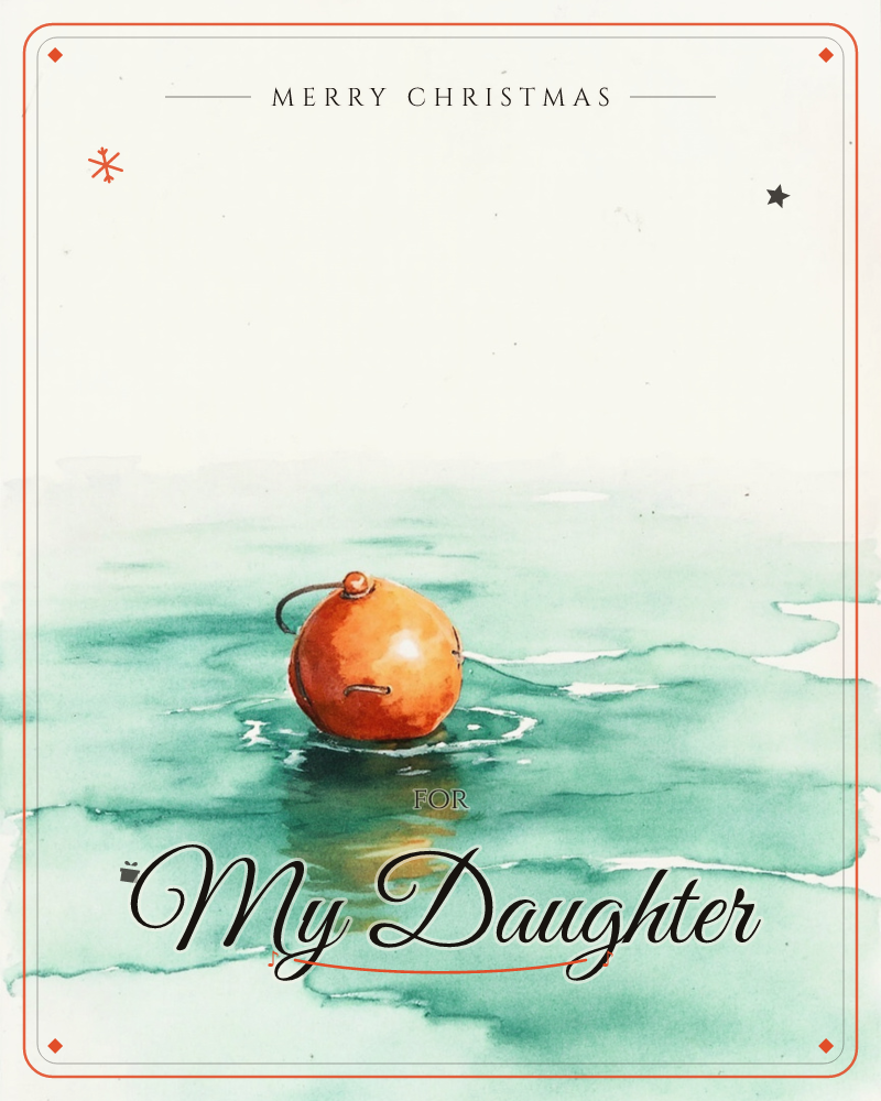 A single round orange buoy floats alone on a calm expanse of seafoam-green water, its metal loop catching a glint of light above the surface, a christmas e-card design