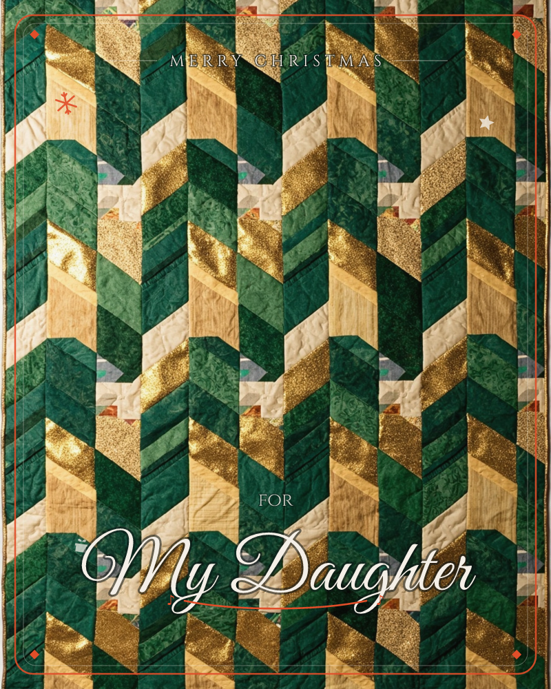 A quilted textile pattern fills the card in tall zigzag columns of stitched fabric, alternating deep green, warm gold, and cream, a christmas e-card design