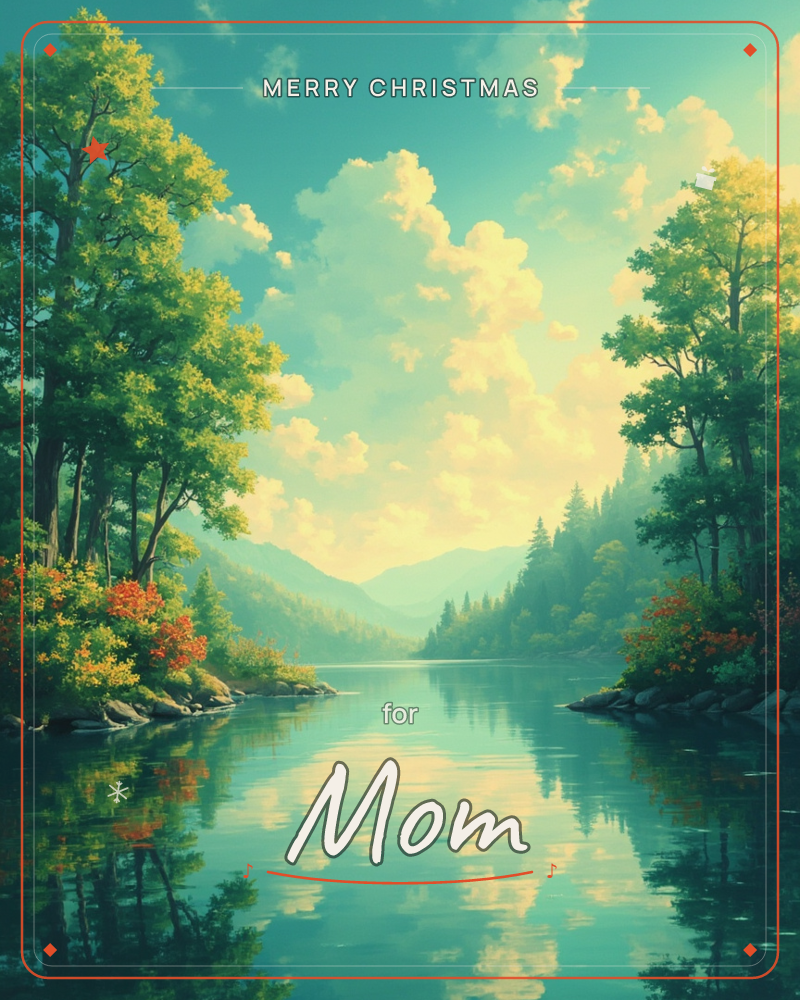 A calm river winds between forested banks toward distant blue mountains, with tall trees and clusters of orange wildflowers lining the rocky shore, a christmas e-card design