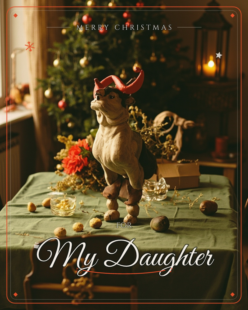 A carved wooden bull figure with bright red horns stands atop a green-covered table, surrounded by scattered nuts and a small glass dish of treats, a christmas e-card design