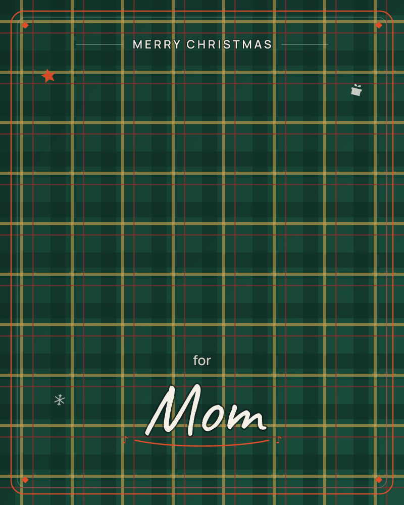 A dense tartan pattern fills the whole card in deep forest green, crossed by fine gold lines and thin threads of dark red, a christmas e-card design by @DittyCityTeam