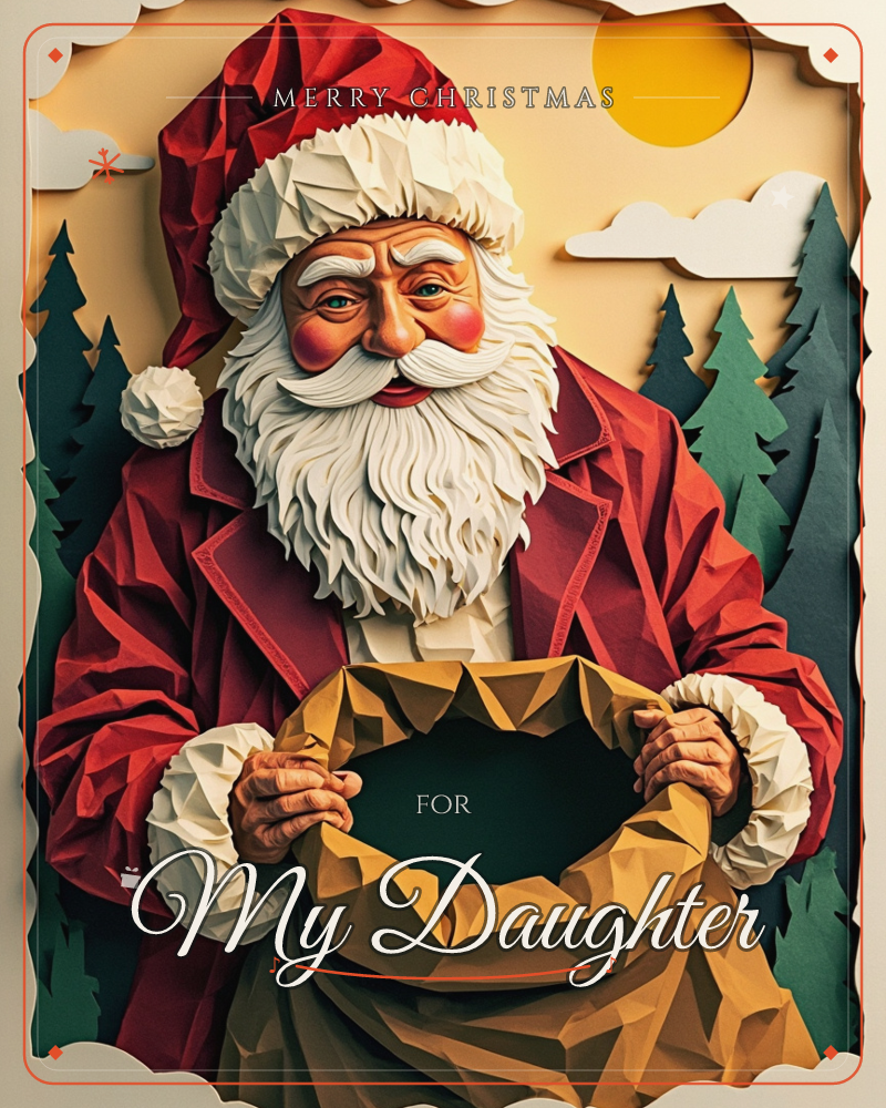 A layered paper-cut illustration shows Santa Claus holding open a large burlap sack, his textured white beard and fur-trimmed red coat cut in intricate…, a christmas e-card design