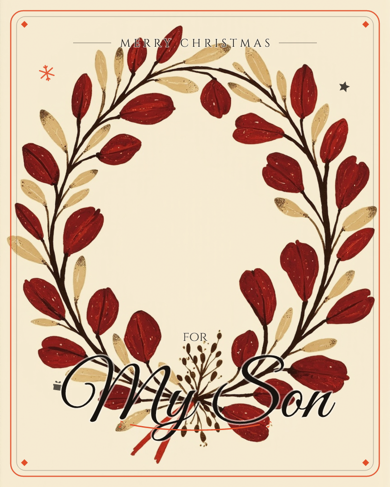 An oval wreath of dark red leaves and gilded cream fronds curves gracefully on a warm cream background, tied at the base with a spray of tiny painted…, a christmas e-card design