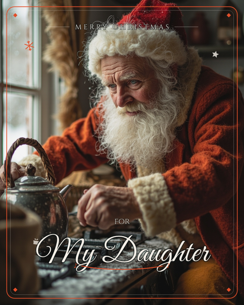 Santa leans over a stovetop in a rustic kitchen, lighting a burner beneath an old copper kettle while snow drifts past the window behind him, a christmas e-card design