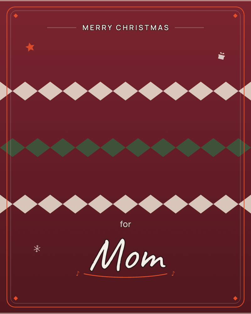 A deep wine-red background darkens to near black at the top and bottom edges, crossed by three horizontal rows of diamond shapes, a christmas e-card design by @DittyCityTeam