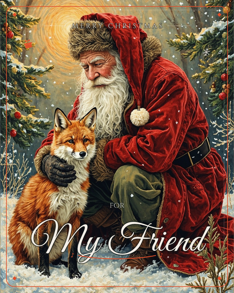 Santa kneels in fresh snow beneath a golden, swirling glow, gently cradling a red fox with his gloved hand as snowflakes drift around them, a christmas e-card design