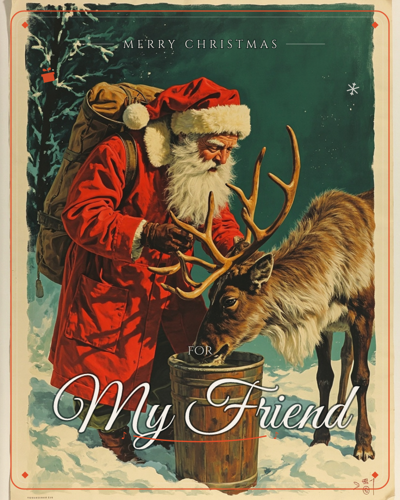 Santa Claus, bundled in a red coat with a sack over his shoulder, leans down to hold a wooden bucket while a large antlered reindeer drinks from it…, a christmas e-card design