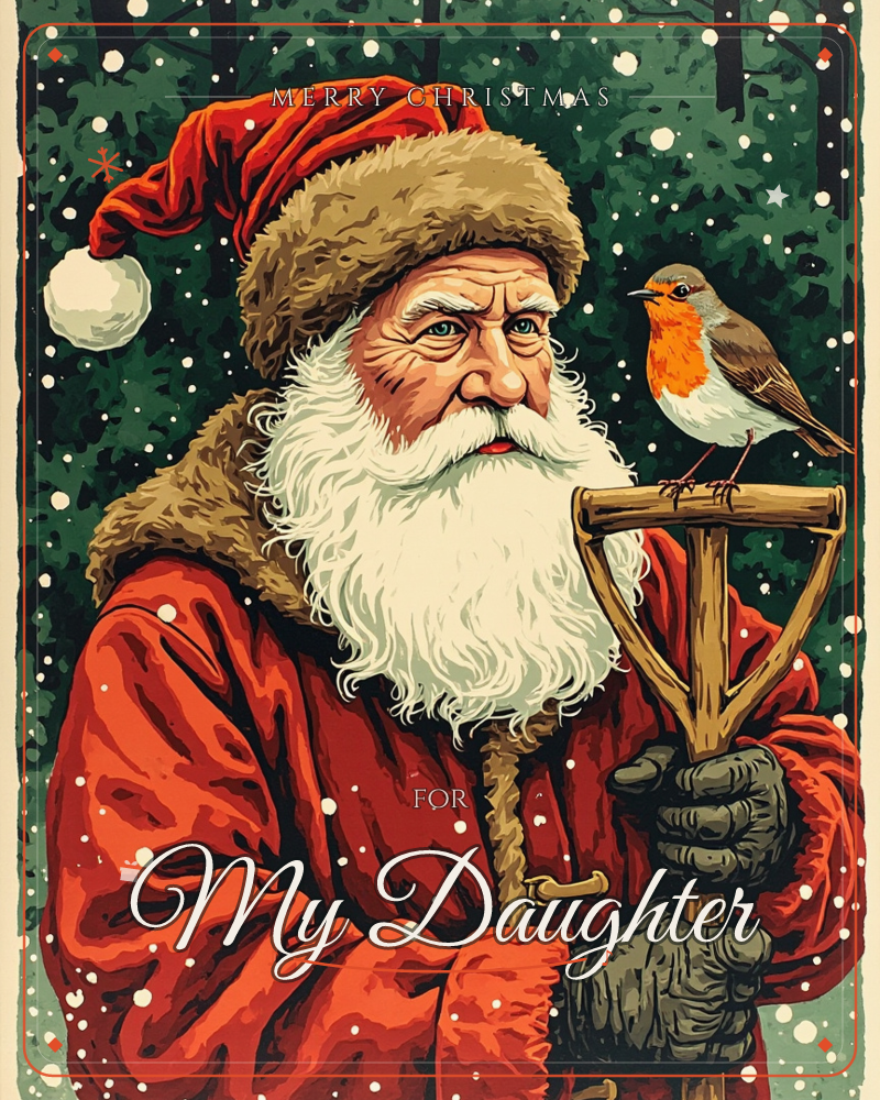 Santa Claus stands in a snowy pine forest, his long white beard and red fur-trimmed coat catching the falling snow, a christmas e-card design