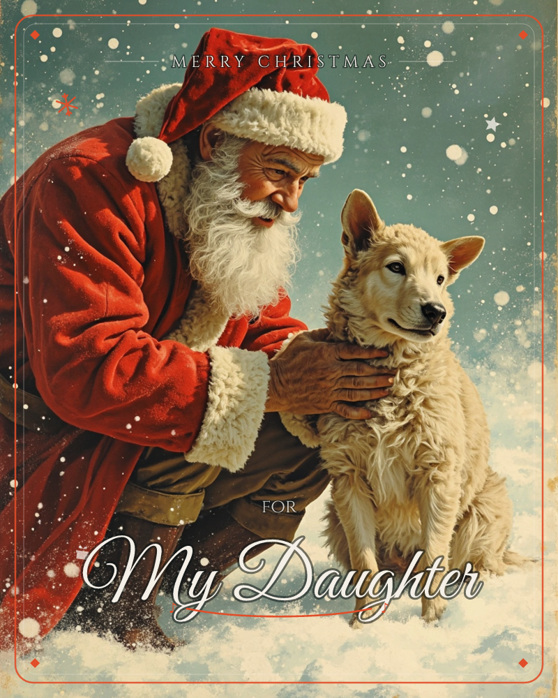 Santa kneels in falling snow, one hand resting warmly on the back of a cream-coated dog sitting beside him, a christmas e-card design