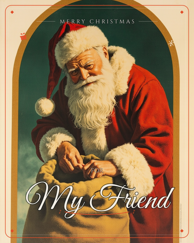 A richly painted portrait of Santa Claus set within a gold-edged arched frame, his weathered face lit warmly against a deep teal sky, a christmas e-card design