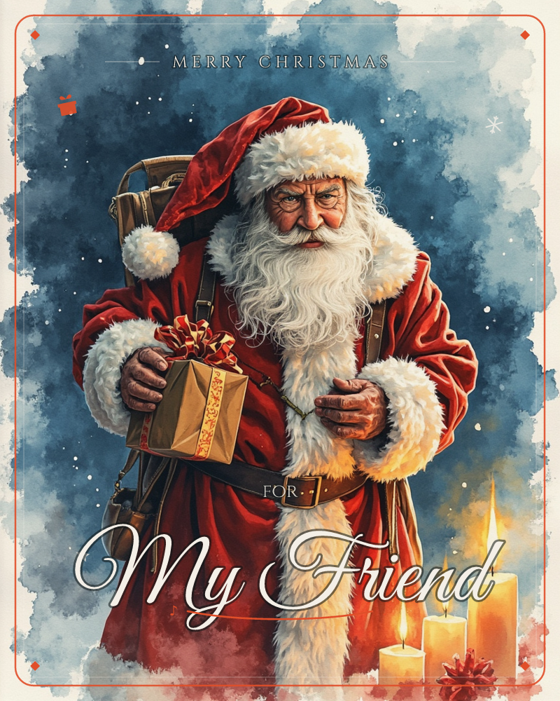 Santa Claus stands against a swirling deep-blue night sky dotted with falling snow, his red fur-trimmed coat and long white beard rendered in soft…, a christmas e-card design