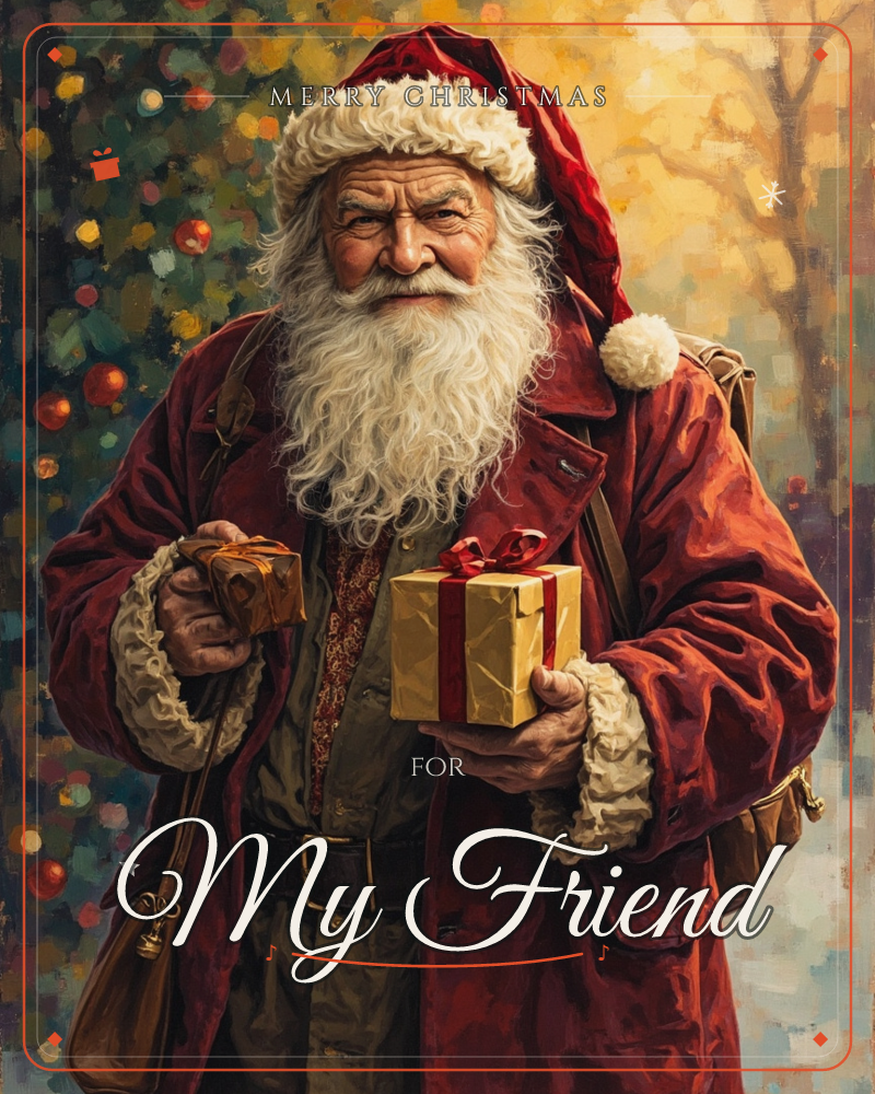 A weathered, kindly-eyed Santa in a deep red velvet coat and fur-trimmed hat stands holding two small gold-wrapped gifts tied with red ribbon, a christmas e-card design