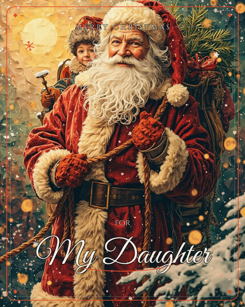 Santa Claus stands close in his fur-trimmed red coat, thick white beard catching a warm glow, with a sack slung over his shoulder and a bundled child…, a christmas e-card design
