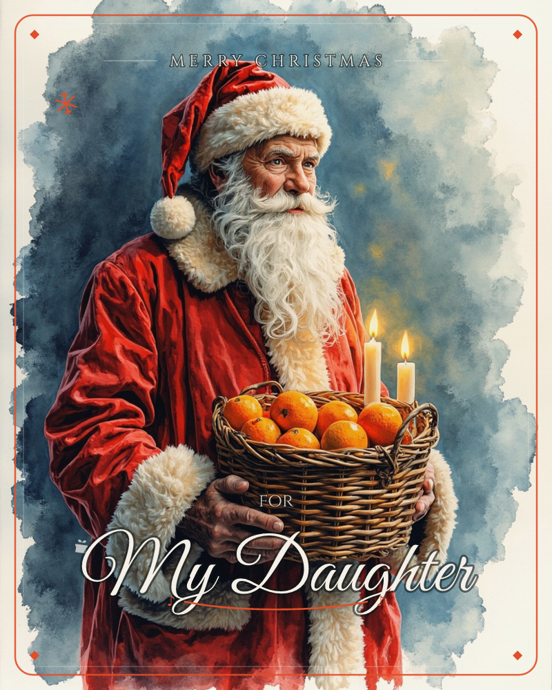 A weathered Santa in a rich red coat with cream fur trim stands against a smoky blue-grey watercolour wash, cradling a woven basket piled with oranges, a christmas e-card design