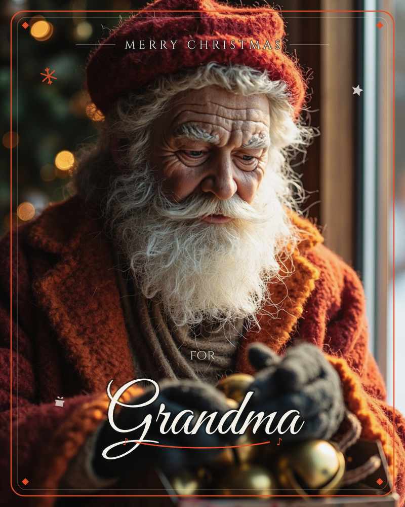 An old man with a long white beard and a knitted red cap holds a box of gold baubles in gloved hands, looking down at them thoughtfully by a window, a christmas e-card design