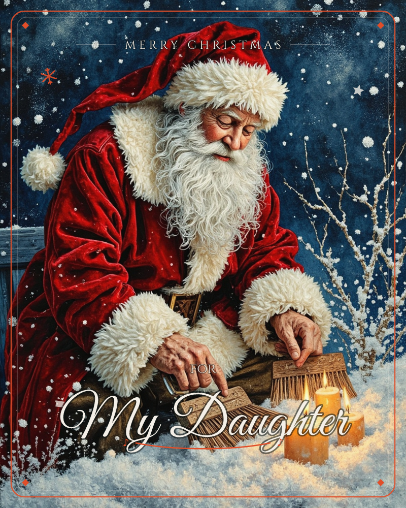 Santa Claus kneels in the snow at night, gently working with a pair of wooden-backed brushes beside three glowing candles, snowflakes drifting past his…, a christmas e-card design