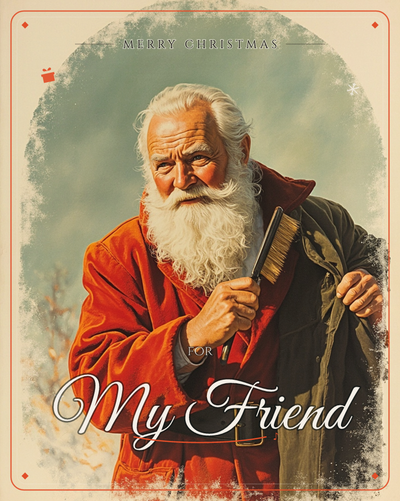 An arched portrait shows a weathered old man with a thick white beard and red velvet coat, holding a wooden clothes brush and a folded olive-green…, a christmas e-card design