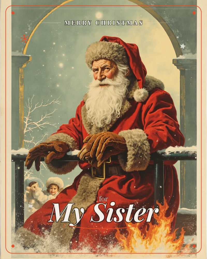 Santa leans on a snowy railing beneath a stone archway, his fur-trimmed red coat and long white beard lit by a single bright star overhead, while two…, a christmas e-card design