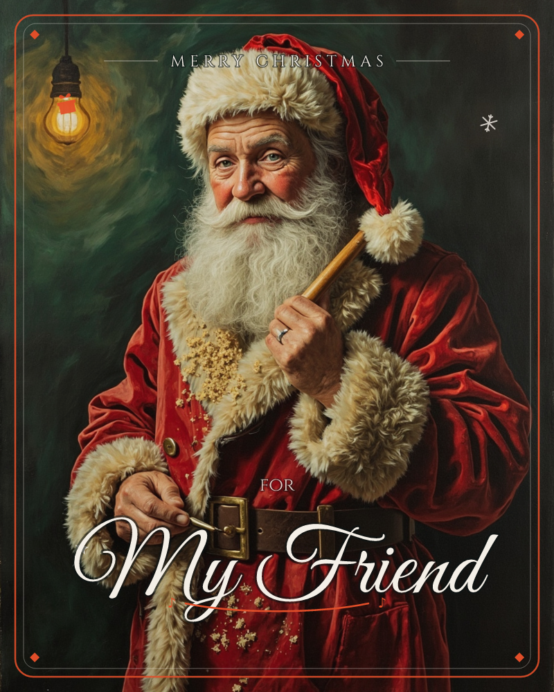 A richly painted portrait of Santa Claus stands against a dark, mottled green backdrop, lit by a single bare bulb hanging from a cord, a christmas e-card design