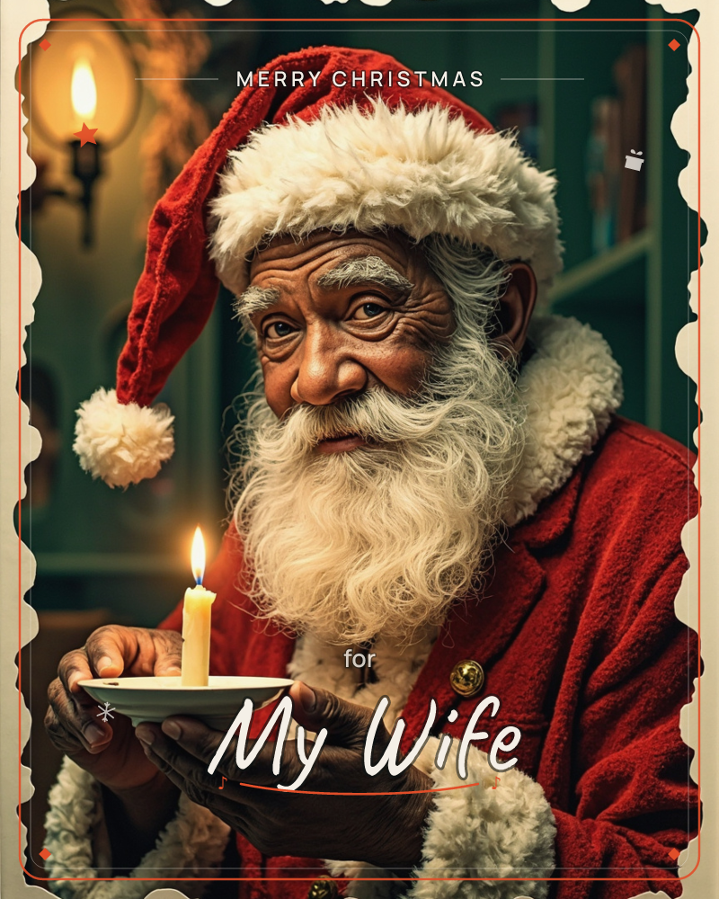 A man dressed as Santa Claus, with a full white beard and red fur-trimmed hat, holds a small lit candle on a white saucer, gazing thoughtfully toward…, a christmas e-card design