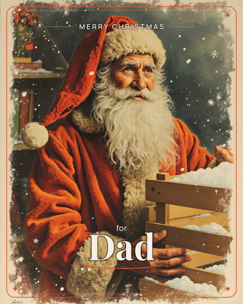A close-up portrait of Santa Claus in his red fur-trimmed coat and hat, holding a wooden crate filled with snow against a dark, snow-flecked night sky, a christmas e-card design