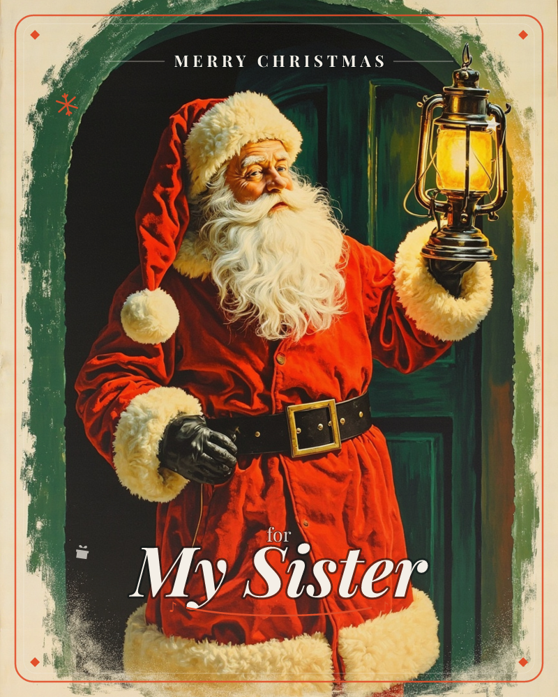 Santa Claus stands in an arched green doorway, holding up a glowing brass lantern to light the way, a christmas e-card design