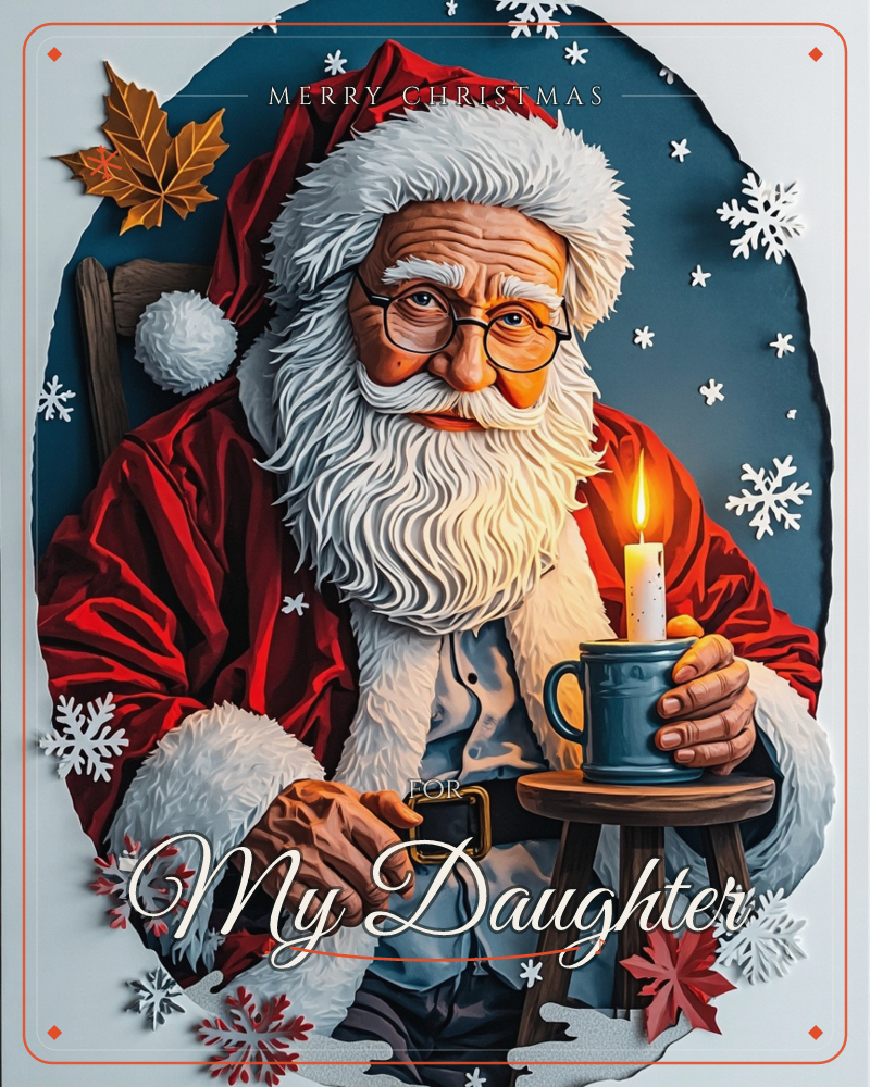 Santa Claus sits in close portrait, round glasses and a full white beard catching candlelight, one hand resting on his belt buckle and the other…, a christmas e-card design