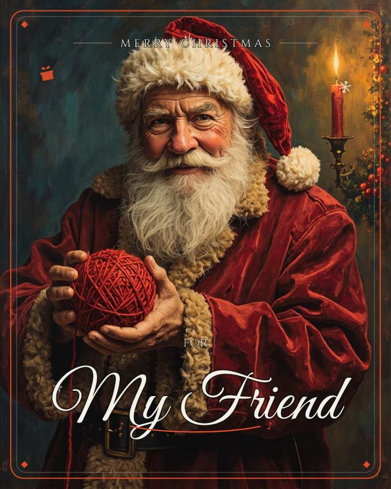 A richly painted portrait shows a white-bearded man in a fur-trimmed red velvet coat and cap, cradling a large ball of red yarn in his weathered hands, a christmas e-card design